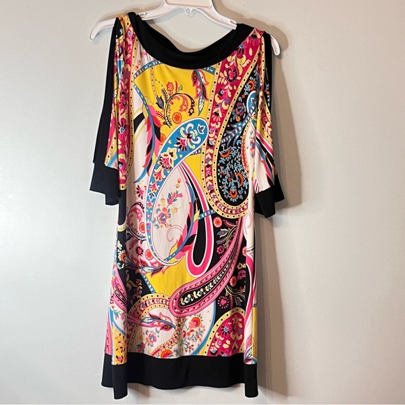 Papillon Blanc Mod Geo Design Black Trim Pink 3/4 Sleeve Sheath Dress Women's M - Picture 5 of 10